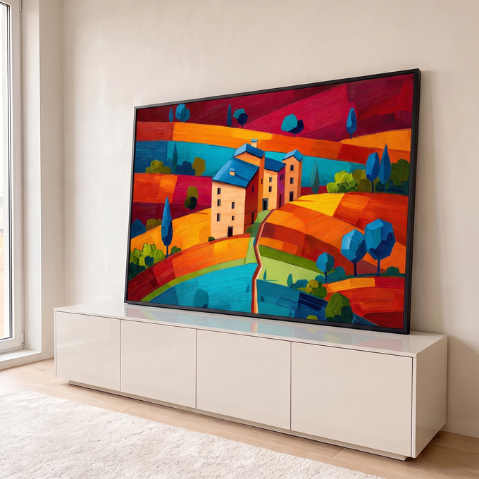 Quadro Decorativo Grande Vila Toscana para Sala Laranja | quadros decorativos para sala | vila toscana estilizada com telhados azuis sobre colinas coloridas em laranja e vermelho | em Quadros para Sala | Porao dos Quadros