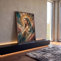 Nossa Senhora de véu azul e terço, auréola dourada, fundo geométrico com rosas, quadro decorativo