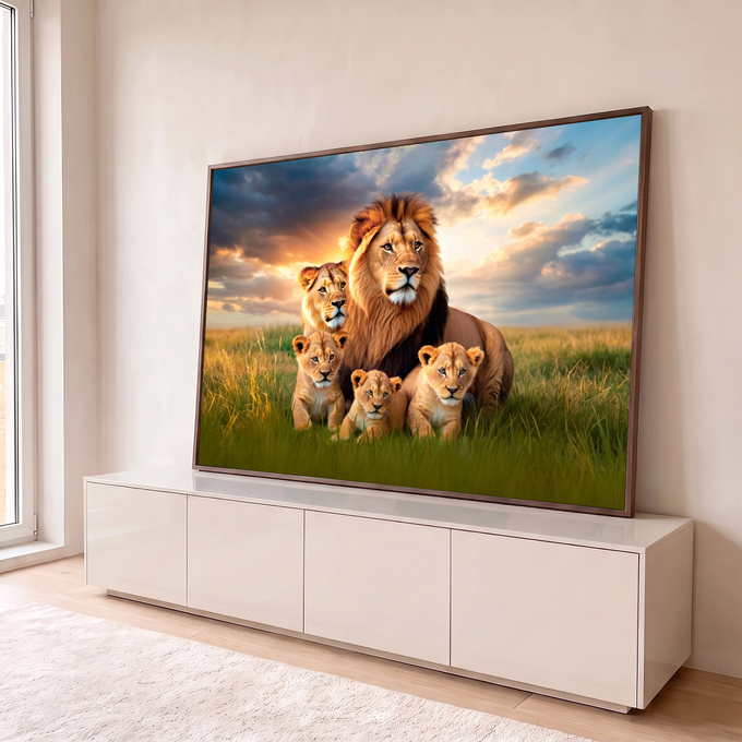 Leão, leoa e três filhotes na grama alta da savana sob céu alaranjado de pôr do sol, quadro decorativo