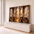 Quadro Decorativo Grande Última Ceia Bege para Sala Dourado | quadros decorativos para sala | última ceia em salão dourado celestial com nuvens e raios de luz ao fundo | em Quadros para Sala | Porao dos Quadros