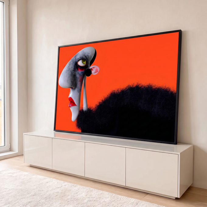 Rosto surreal de perfil com lábios vermelhos, olho verde e pelo preto em fundo laranja, quadro decorativo