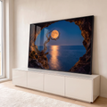 Quadro Decorativo Grande Lua Cheia Dourada para Sala Azul | quadros decorativos para sala | lua cheia dourada emoldurada por árvore seca e caverna, refletida no mar | em Quadros para Sala | Porao dos Quadros