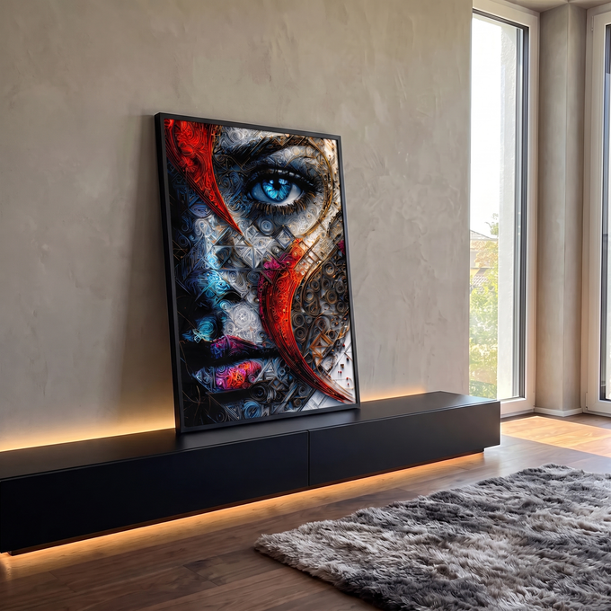 Rosto de mulher em filigrana prateada com olho azul e faixa vermelha em espiral, quadro decorativo