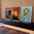 Quadro Decorativo Kit 3 Telas Grito Autorretrato para Sala | quadros decorativos para sala | tríptico com O Grito de Munch e autorretrato de Van Gogh em cores vibrantes | em Quadros para Sala | Porao dos Quadros