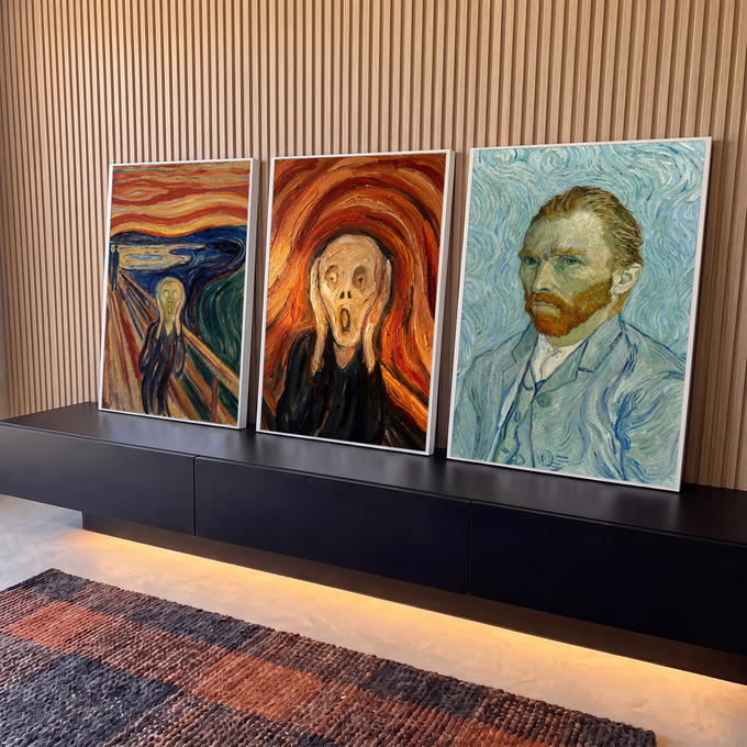 Quadro Decorativo Kit 3 Telas Grito Autorretrato para Sala | quadros decorativos para sala | tríptico com O Grito de Munch e autorretrato de Van Gogh em cores vibrantes | em Quadros para Sala | Porao dos Quadros