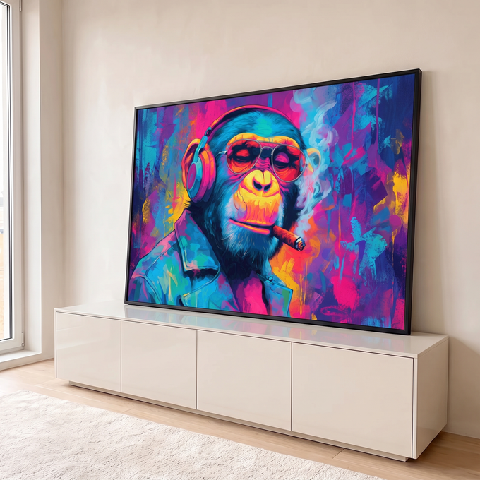Quadro Decorativo Grande Macaco Hipster para Sala Rosa | quadros decorativos para sala | macaco com óculos escuros, fones coloridos e charuto em estilo pop art neon | em Quadros para Sala | Porao dos Quadros