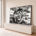 Leão de olhar sereno com acácias da savana em dupla exposição, desenho a grafite, quadro decorativo