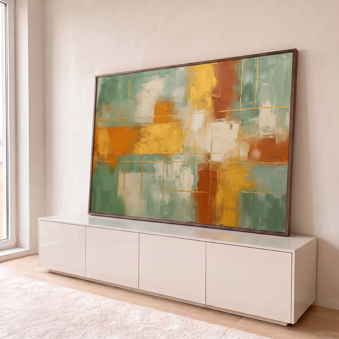 Pintura abstrata em verde sálvia, mostarda e terracota com grade de linhas douradas, quadro decorativo