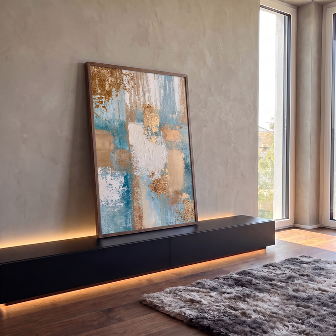 Quadro Decorativo Abstrato Azul e Dourado com Textura | quadros decorativos para sala | abstrato com faixas verticais em azul, branco e folha dourada texturizada | em Quadros para Sala | Porao dos Quadros