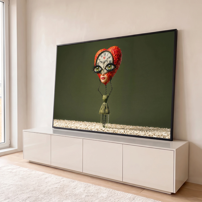 Quadro Decorativo Grande Rosto Surreal para Sala Vermelho | quadros decorativos para sala | cabeça floral em formato de coração com relógio embutido e olhos verdes marcantes | em Quadros para Sala | Porao dos Quadros