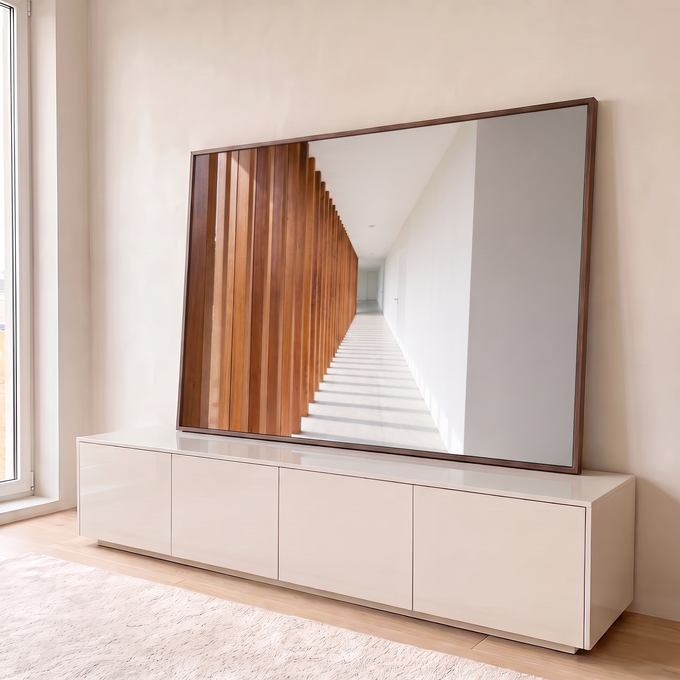 Quadro Decorativo Grande Corredor para Sala Marrom | quadros decorativos para sala | corredor com ripas de madeira marrom e piso claro com faixas de luz | em Quadros para Sala | Porao dos Quadros