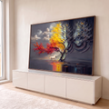 Quadro Decorativo Grande Árvore das Estações para Sala Cinza | quadros decorativos para sala | árvore com galhos em vermelho dourado e cinza tempestuoso sobre água com cavalo branco | em Quadros para Sala | Porao dos Quadros