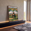 Quadro Decorativo Mona Lisa em Paisagem Toscana Geométrica | quadros decorativos para sala | retrato da Mona Lisa sobre paisagem toscana com formas geométricas e colinas coloridas | em Quadros para Sala | Porao dos Quadros