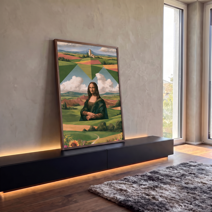 Quadro Decorativo Mona Lisa em Paisagem Toscana Geométrica | quadros decorativos para sala | retrato da Mona Lisa sobre paisagem toscana com formas geométricas e colinas coloridas | em Quadros para Sala | Porao dos Quadros