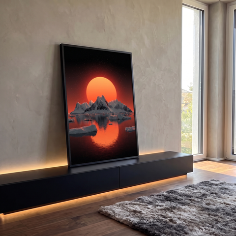 Sol laranja atrás de montanhas de gelo e icebergs refletidos na água sob céu estrelado, quadro decorativo