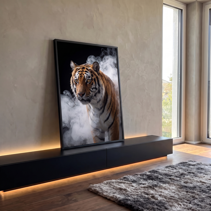 Tigre siberiano de olhos âmbar caminhando entre fumaça branca sobre fundo preto, quadro decorativo