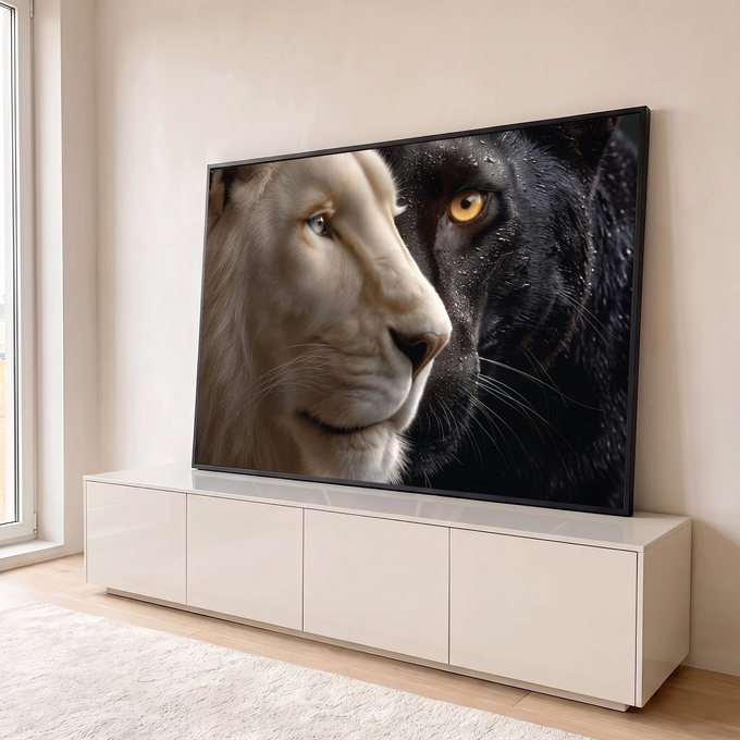 Rosto de leão branco de olhos azuis ao lado de pantera negra de olhos âmbar com gotas de água, quadro decorativo