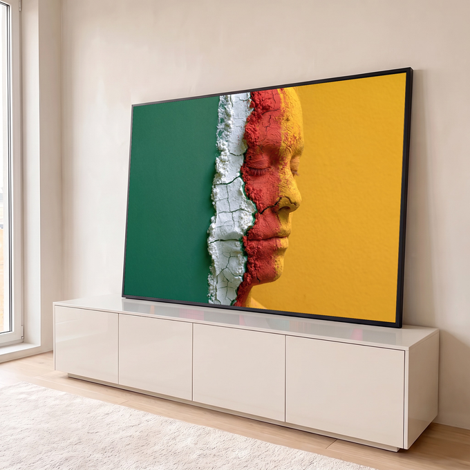 Rosto de mulher de olhos fechados em pó branco, vermelho e amarelo rachado sobre verde, quadro decorativo