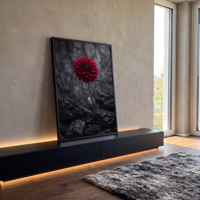 Dália vermelha de pétalas abertas brotando entre pedaços de carvão preto, fundo cinza, quadro decorativo