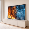Leão rugindo com metade da juba em chamas laranja e metade coberta de gelo azul, quadro decorativo