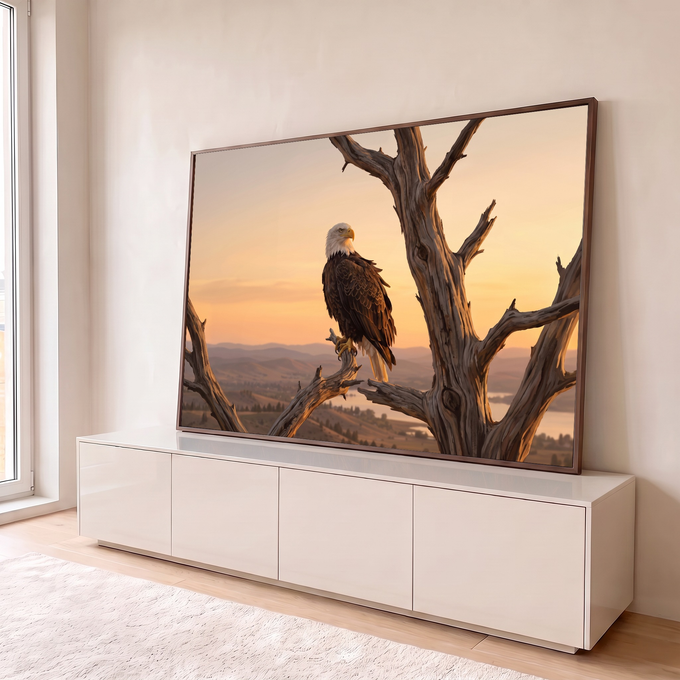 Quadro Decorativo Grande Águia Americana Natureza para Sala | quadros decorativos para sala | águia de cabeça branca pousada em galho seco sob céu alaranjado de pôr do sol | em Quadros para Sala | Porao dos Quadros