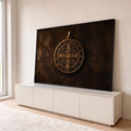 Quadro Decorativo Grande Medalha Cruz para Sala Marrom | quadros decorativos para sala | medalha de bronze da São Bento com cruz e letras latinas sobre couro escuro | em Quadros para Sala | Porao dos Quadros
