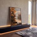 Quadro Decorativo Barco Solitário em Lago de Outono Dourado | quadros decorativos para sala | barco de madeira vazio em lago calmo cercado por árvores douradas de outono | em Quadros para Sala | Porao dos Quadros