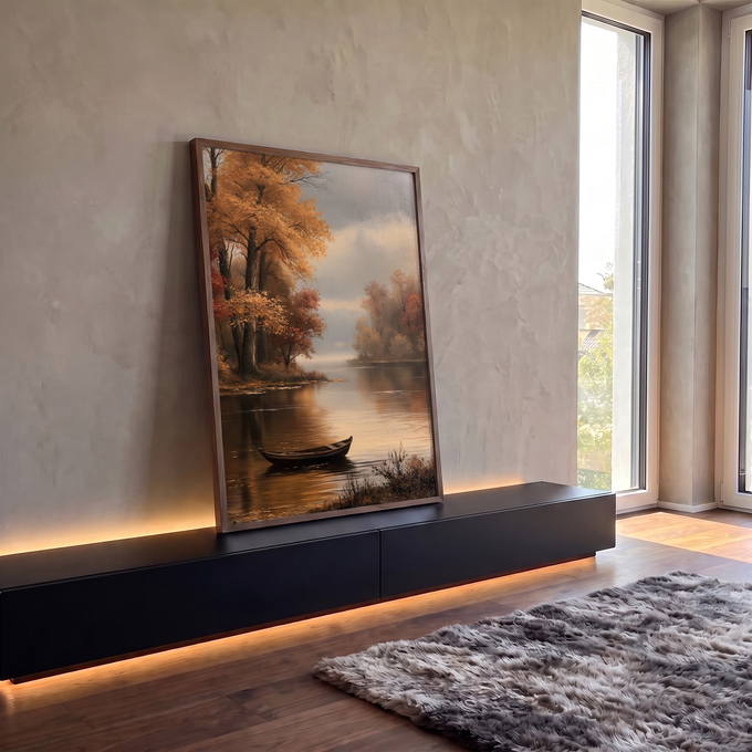 Quadro Decorativo Barco Solitário em Lago de Outono Dourado | quadros decorativos para sala | barco de madeira vazio em lago calmo cercado por árvores douradas de outono | em Quadros para Sala | Porao dos Quadros
