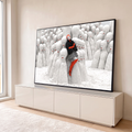 Quadro Decorativo Grande Mulher de Vermelho para Sala Branco | quadros decorativos para sala | mulher de vermelho e preto recostada entre estátuas brancas rachadas com lábios vermelhos | em Quadros para Sala | Porao dos Quadros