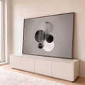 Quadro Decorativo Grande Composição para Sala Preto | quadros decorativos para sala | círculos sobrepostos em preto, branco e cinza com padrão de linhas em arco | em Quadros para Sala | Porao dos Quadros