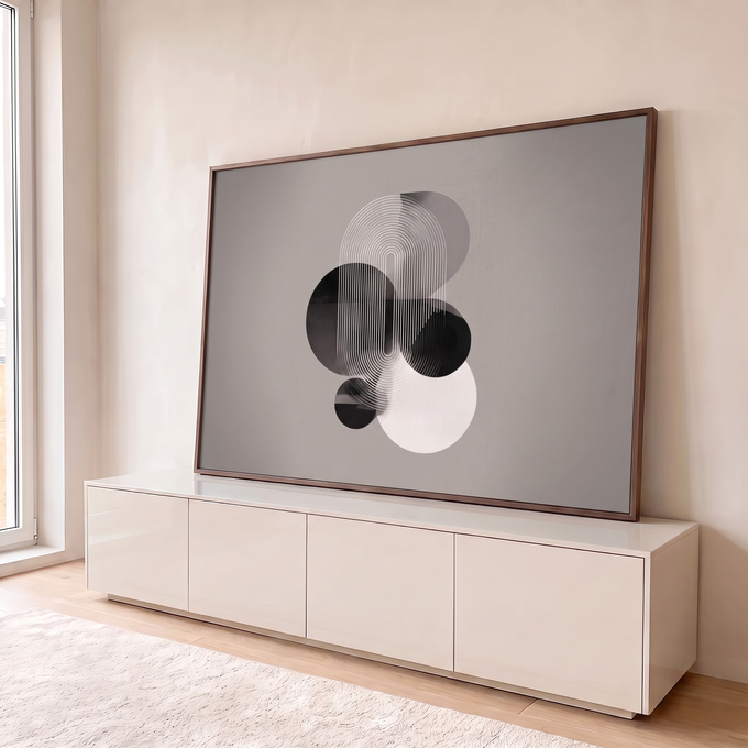 Quadro Decorativo Grande Composição para Sala Preto | quadros decorativos para sala | círculos sobrepostos em preto, branco e cinza com padrão de linhas em arco | em Quadros para Sala | Porao dos Quadros