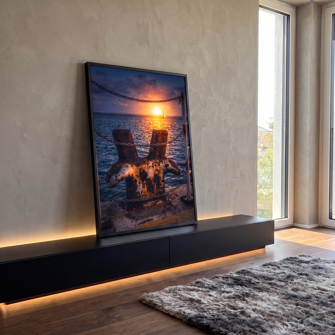 Quadro Decorativo Grande Cabeço de Amarração para Sala | quadros decorativos para sala | cabeço de amarração enferrujado com correntes e pôr do sol dourado sobre o mar | em Quadros para Sala | Porao dos Quadros