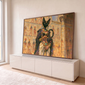 Quadro Decorativo Grande Deusa Gato Egípcia para Sala Preto | quadros decorativos para sala | figura de cabeça de gato preto com joias douradas egípcias segurando um ankh | em Quadros para Sala | Porao dos Quadros