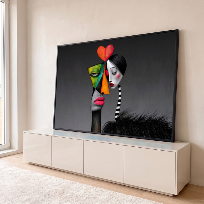 Casal surreal com rostos geométricos coloridos e coração vermelho sobre fundo cinza, quadro decorativo