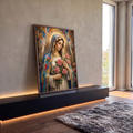 Quadro Decorativo Grande Nossa Senhora das Rosas para Sala | quadros decorativos para sala | Nossa Senhora em mosaico azul e dourado segurando rosas, com anjinhos ao fundo | em Quadros para Sala | Porao dos Quadros
