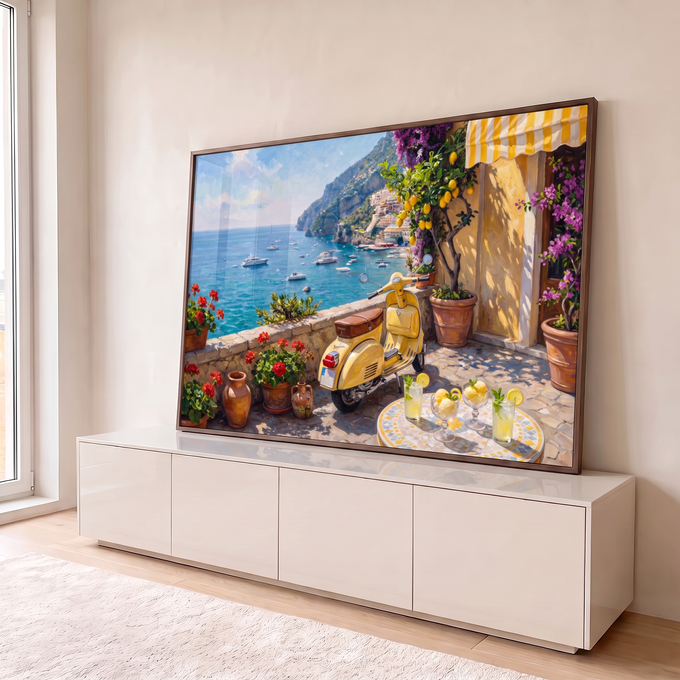 Quadro Decorativo Grande Scooter Amarela para Sala Amarelo | quadros decorativos para sala | scooter amarela em terraço com limoeiro, flores e vista para o mar mediterrâneo | em Quadros para Sala | Porao dos Quadros