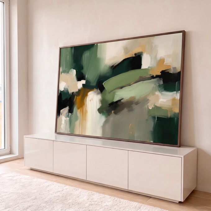 Quadro Decorativo Grande Abstrato em Mostarda para Sala | quadros decorativos para sala | pintura abstrata em verde escuro, preto e mostarda sobre fundo claro | em Quadros para Sala | Porao dos Quadros