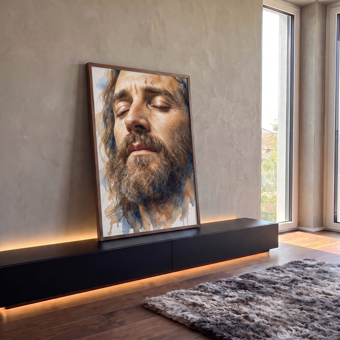 Quadro Decorativo Grande Retrato Aquarela de Homem para Sala | quadros decorativos para sala | retrato em aquarela de homem barbudo com olhos fechados em tons terrosos e azuis | em Quadros para Sala | Porao dos Quadros