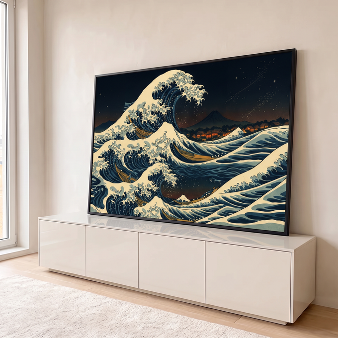 Quadro Decorativo Grande Onda de Hokusai para Sala Azul | quadros decorativos para sala | grande onda azul sobre vilarejo japonês com montanha e céu estrelado ao fundo | em Quadros para Sala | Porao dos Quadros
