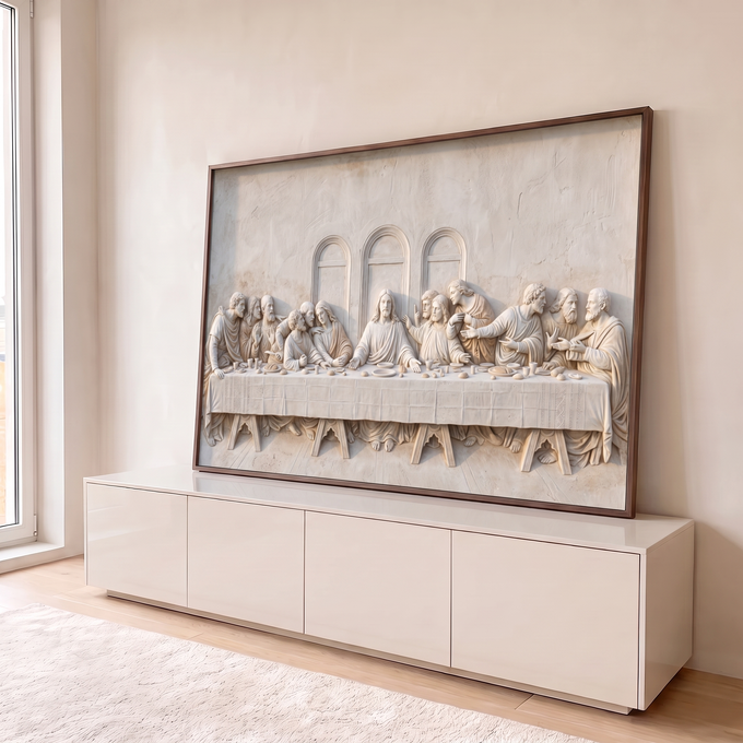 Quadro Decorativo Grande Santa Ceia para Sala Bege | quadros decorativos para sala | relevo esculpido da Última Ceia em tons bege e branco com janelas em arco ao fundo | em Quadros para Sala | Porao dos Quadros