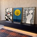Quadro Decorativo Kit 3 Telas Leitura Escritório para Sala | quadros decorativos para sala | cena tríptica com escritório, árvore sob lua amarela e silhuetas lendo em preto e branco | em Quadros para Sala | Porao dos Quadros
