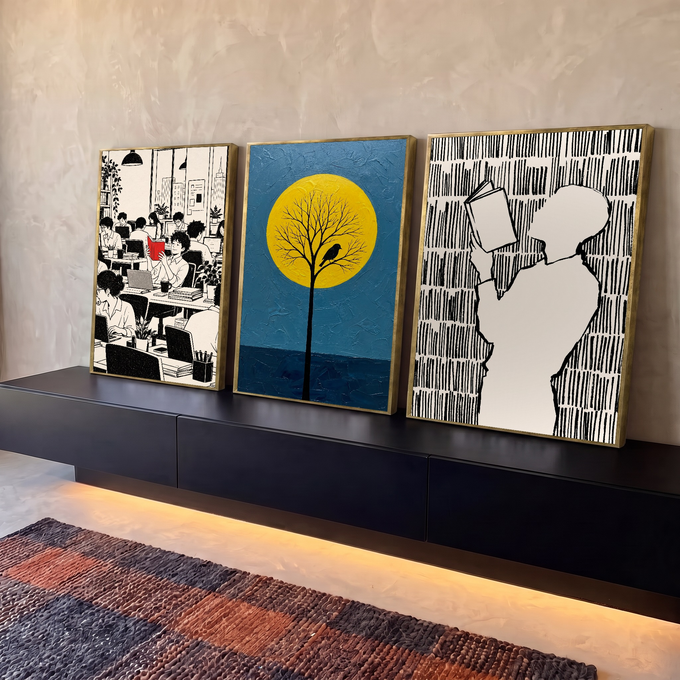 Quadro Decorativo Kit 3 Telas Leitura Escritório para Sala | quadros decorativos para sala | cena tríptica com escritório, árvore sob lua amarela e silhuetas lendo em preto e branco | em Quadros para Sala | Porao dos Quadros
