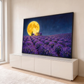 Quadro Decorativo Grande Lua Cheia Dourada para Sala Roxo | quadros decorativos para sala | lua cheia dourada enorme sobre casa e campo de lavanda roxa à noite | em Quadros para Sala | Porao dos Quadros