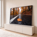 Folha laranja molhada sobre estrada de asfalto em floresta de outono com neblina, quadro decorativo