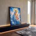 Quadro Decorativo Grande Nossa Senhora Maternidade para Sala | quadros decorativos para sala | Nossa Senhora com coroa dourada segurando o Menino Jesus sobre fundo azul estrelado | em Quadros para Sala | Porao dos Quadros