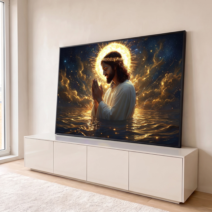Jesus de manto branco orando de mãos unidas no mar, halo dourado e céu estrelado, quadro decorativo