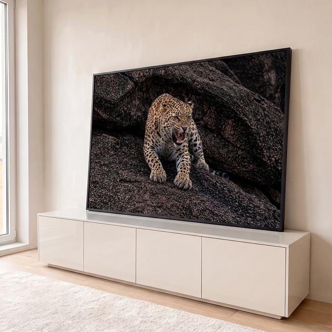 Quadro Decorativo Grande Leopardo Rosnando Rosnado para Sala | quadros decorativos para sala | leopardo rosnando com garras à mostra sobre rochas escuras | em Quadros para Sala | Porao dos Quadros