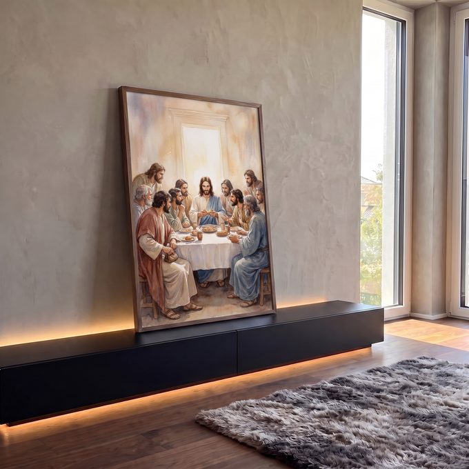 Quadro Decorativo Grande Última Ceia para Sala Bege | quadros decorativos para sala | Jesus e onze apóstolos reunidos à mesa em aquarela nos tons bege e terracota | em Quadros para Sala | Porao dos Quadros