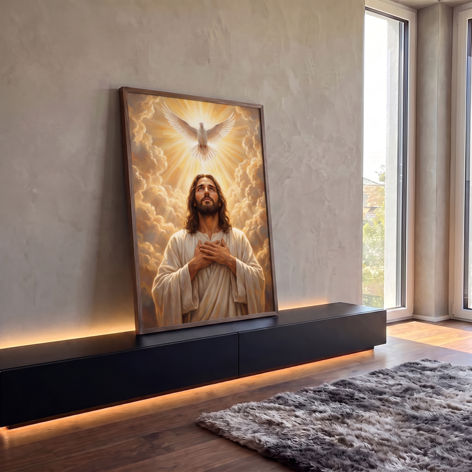 Quadro Decorativo Grande Jesus Cristo Pomba para Sala | quadros decorativos para sala | Jesus Cristo olhando ao céu com mãos sobre o peito e pomba branca em luz dourada | em Quadros para Sala | Porao dos Quadros