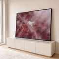 Quadro Decorativo Grande Cavalo Branco para Sala Rosa | quadros decorativos para sala | cavalo branco caminhando sobre rochas vermelhas envolto em névoa rosada | em Quadros para Sala | Porao dos Quadros